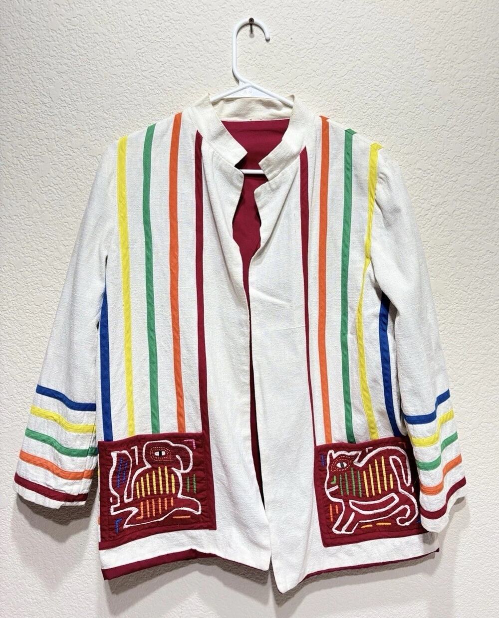 Vintage Linen Jacket Animal Embroidery XXL